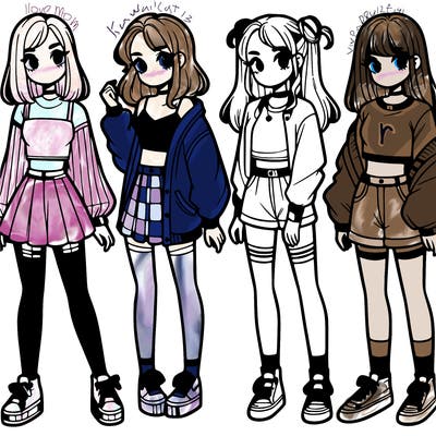 one girl with crop-top shirt and a jacket with a skirt, long socks and another girl with a shirt and pants with a jacket