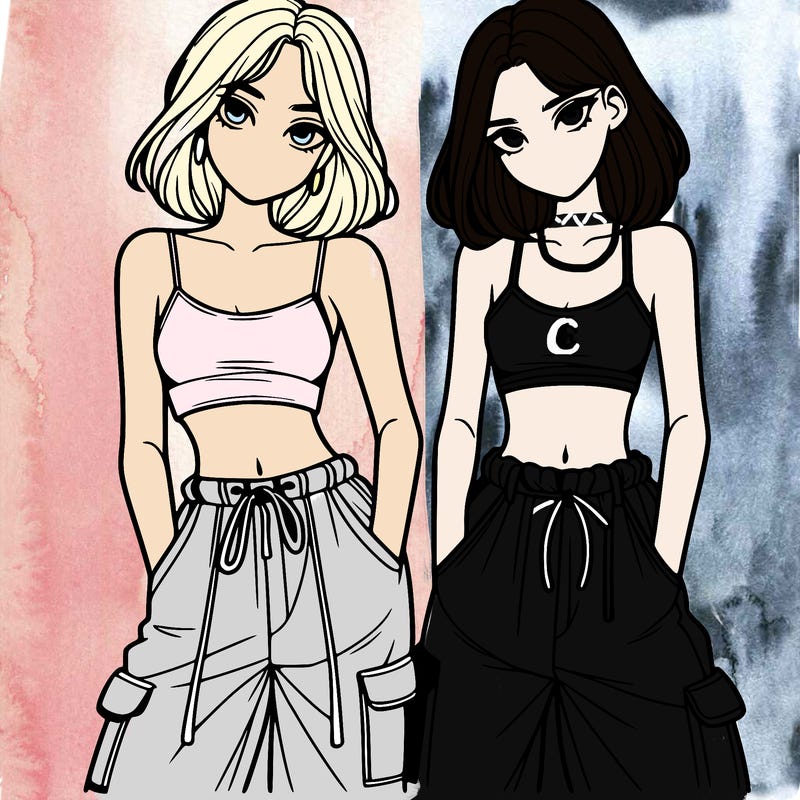 two girls with crop top with baggy pants