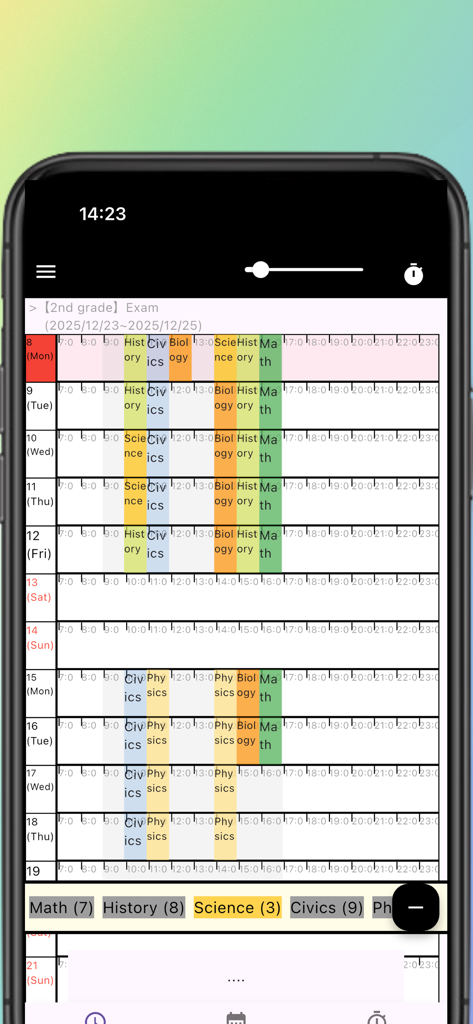 Mobile app interface showing a color-coded weekly study schedule for exam preparation