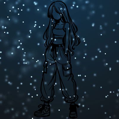 girl in baggy pants crop top and long hair