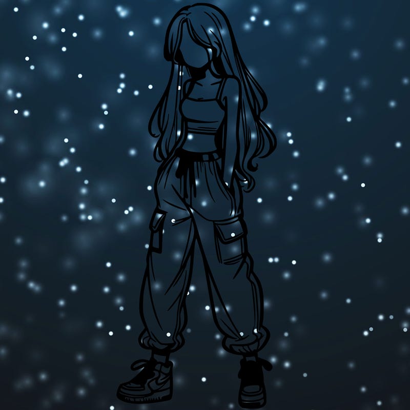 girl in baggy pants crop top and long hair