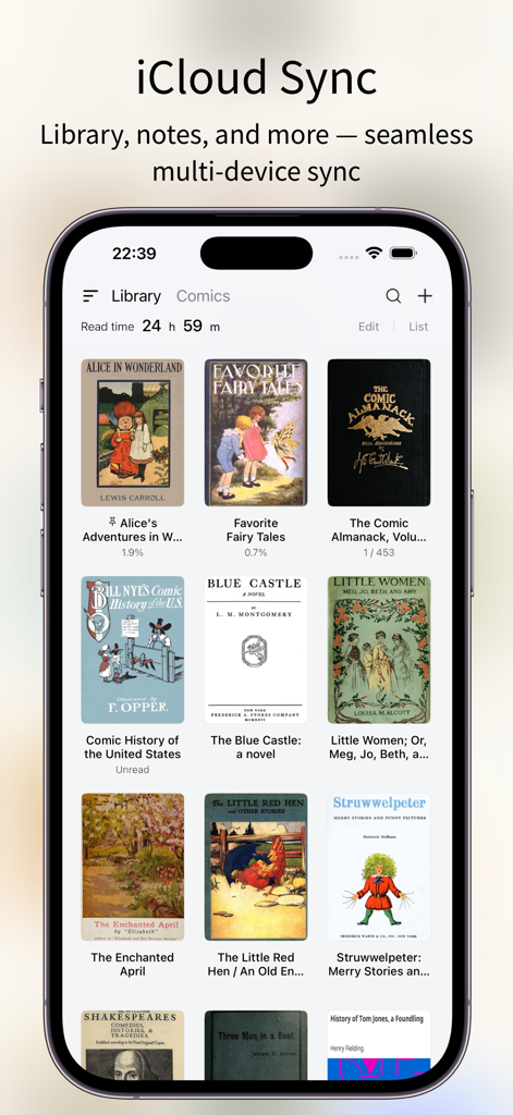 PureLibro app interface showing iCloud sync feature and digital book library