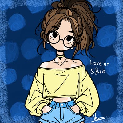 girl with a messy ponytail glasses a baggy crop top and jean shorts