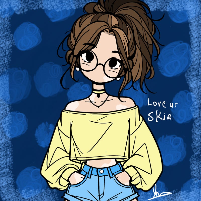 girl with a messy ponytail glasses a baggy crop top and jean shorts