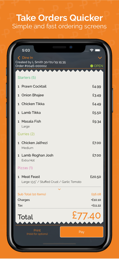 Smartphone screen displaying a digital restaurant receipt on the PosApptive POS app interface