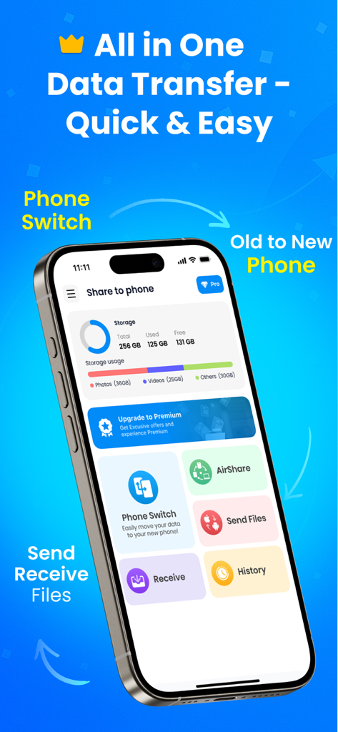 Phone Clone app interface showing data transfer and phone switch options