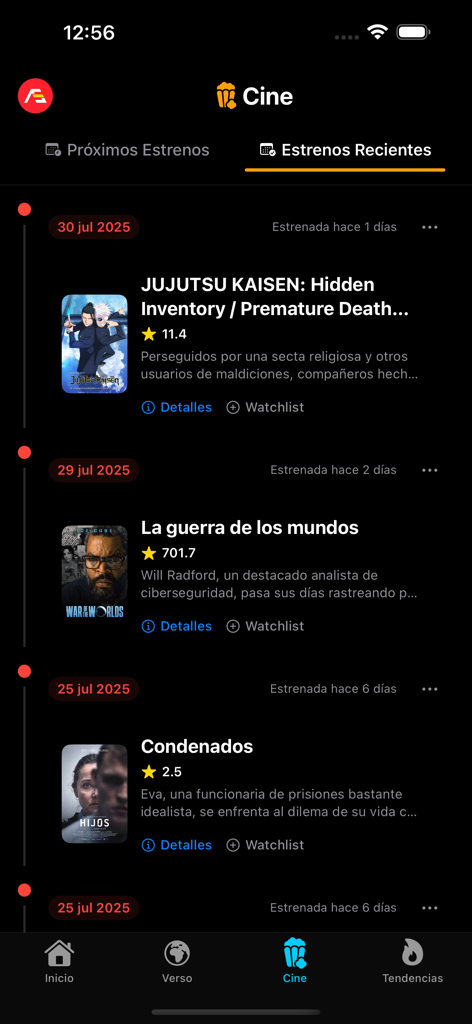 Cineverso - Cineverso app screen showing a list of recent movie and series releases with titles and ratings