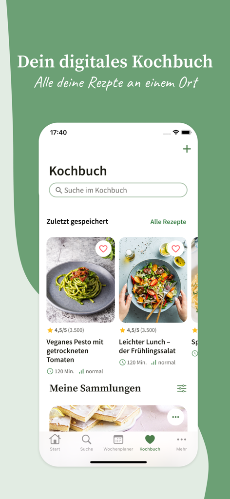 Chefkoch – Rezepte & Kochen - Capture d'écran de la fonctionnalité de carnet de cuisine numérique de l'application Chefkoch montrant les recettes enregistrées pour le pesto végétalien et la salade de printemps