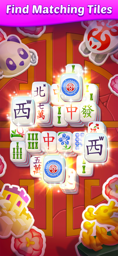 Un tablero de Mahjong Solitaire con fichas coincidentes y pegatinas temáticas chinas como un panda y la Gran Muralla.