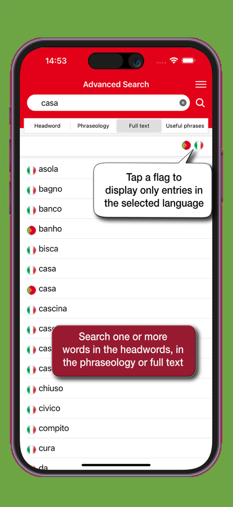 Advanced search interface of the Hoepli Portuguese-Italian dictionary app showing results for the word casa with language selection flags.