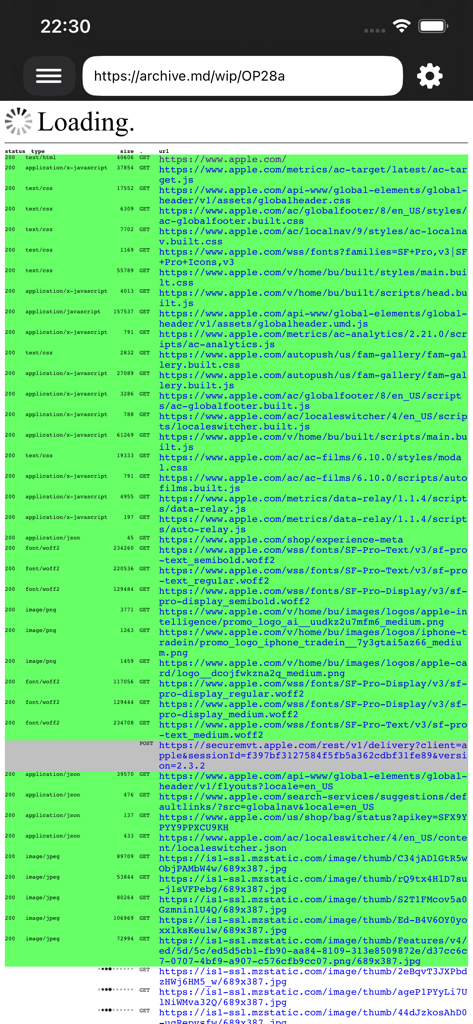 Cached View - Interface of the Cached View app showing a technical list of loaded web assets and resources from an archived page.