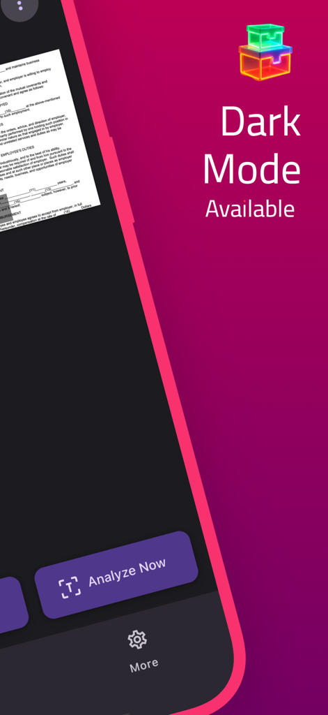 AI Legal Contract Analyzer - Schermata dell'app Legalyzer che mostra la disponibilità della modalità scura e un'interfaccia di analisi del contratto.