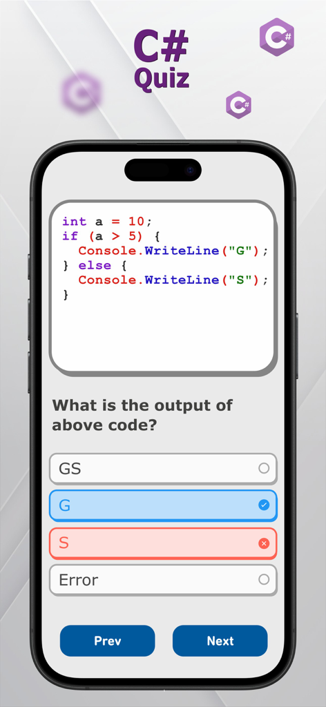 C, C++, C# Quiz - A mobile app screen showing a C# programming quiz with a code snippet and multiple choice answers