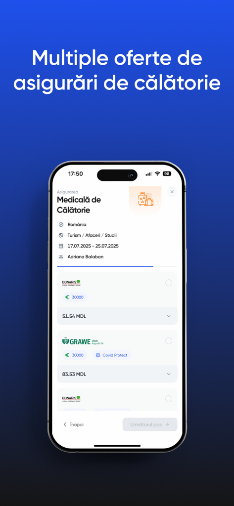 Omnis - Asigurări Online - Interfaz de la aplicación Omnis mostrando múltiples cotizaciones de seguros médicos de viaje de diferentes proveedores