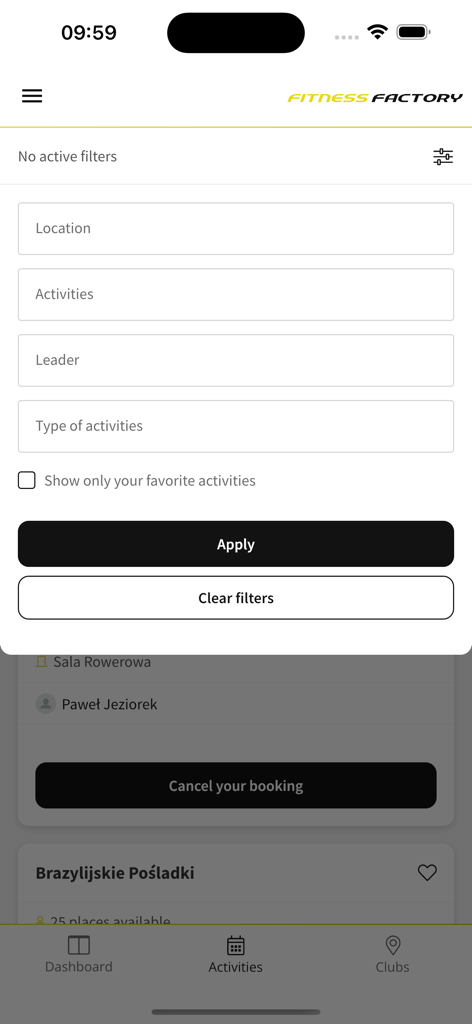 Fitness Factory - フィットネスファクトリーアプリのアクティビティフィルタースクリーン、場所、アクティビティ、リーダー、タイプで検索するオプションが表示されています
