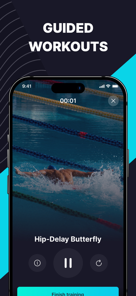 Bildschirm für geführte Schwimm-Workouts, der einen Schwimmer zeigt, der eine Schmetterlingsübung in einem Bahnenpool ausführt