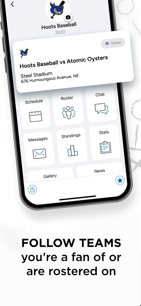 Interfaccia dell'app SportsEngine che mostra gli strumenti di gestione per una squadra di baseball