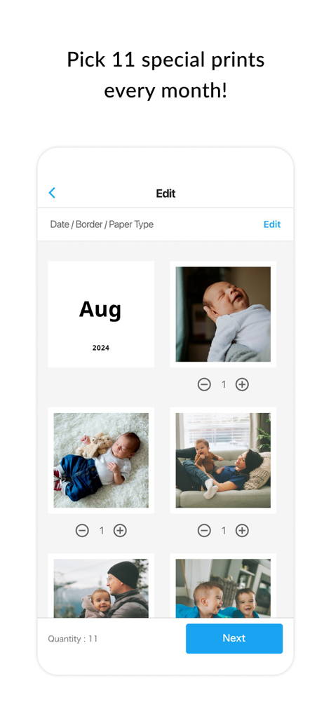Interface for selecting 11 free monthly photo prints in the FamilyAlbum app
