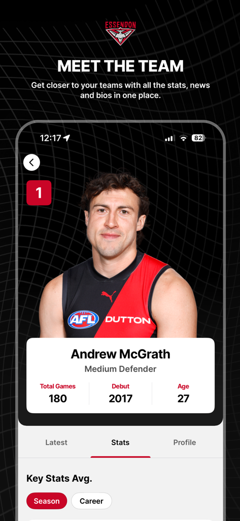 Essendon Official App - Spielerprofilseite für Andrew McGrath in der Essendon Offiziellen App mit Karrierestatistiken und Biografie