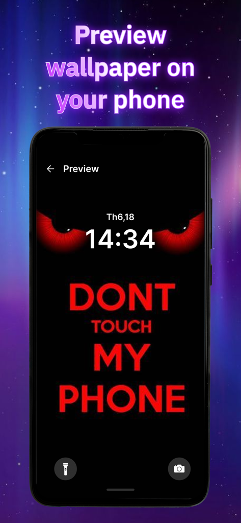 Silly Smiles Live Wallpapers - Lock screen preview featuring red eyes and text saying Dont Touch My Phone