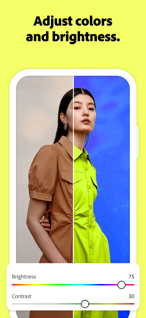 Geteilter Bildschirm, der Farb- und Helligkeitsbearbeitung in der Adobe Photoshop Mobile App zeigt