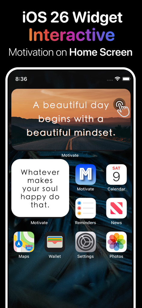 Motivation Daily Quote Widget - Inspirational daily quote widgets on an iPhone home screen with interactive features and positive affirmations