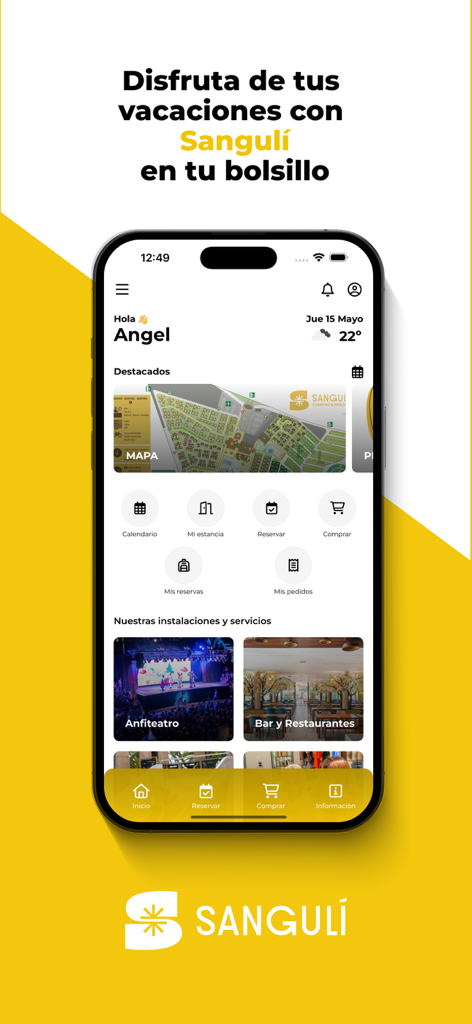 Sangulí - Sanguli mobile app dashboard displaying resort map and vacation services