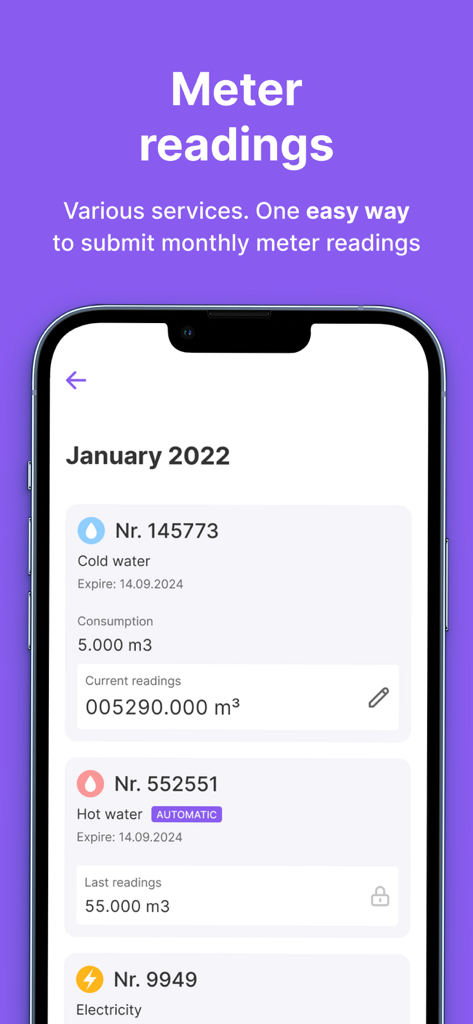 Bill.me app interface for submitting and tracking utility meter readings for water and electricity