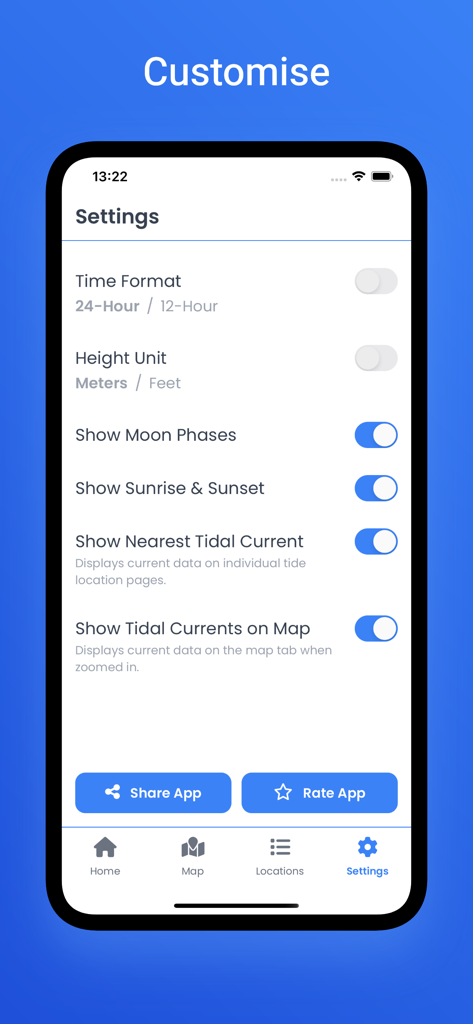 Just Tides: Tide Times - The settings screen of the Just Tides app showing customization options for time formats height units and environmental data toggles