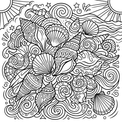 Immerse yourself in a dynamic Pop Art interpretation of a seashell-strewn beach. This unique coloring page blends bold lines with intricate marine patterns for a truly engaging experience.