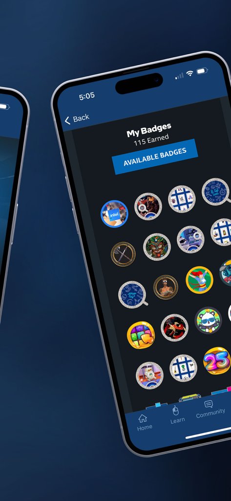 Intel® Retail Edge Program - A smartphone screen from the Intel Retail Edge Program app displaying a collection of earned gamification badges.