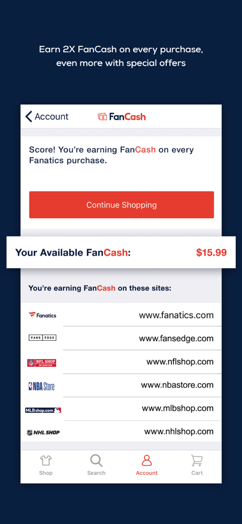 Fanatics NHL Shop - Fanatics NHL Shop App-Bildschirm, der den verfügbaren FanCash-Saldo und Partner-Sportgeschäfte anzeigt