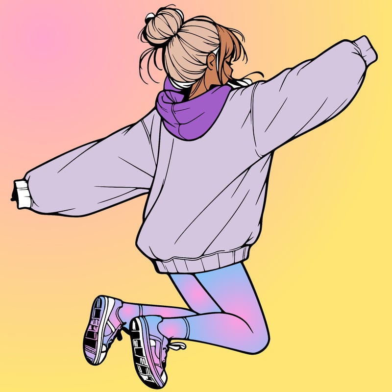 realistic girl jumping with a bun and oversized sweatshirt