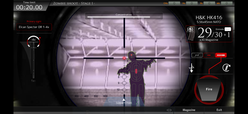 Gameplay screenshot of Magnum 3.0 Gun Simulator showing a zombie target through an H&K HK416 scope