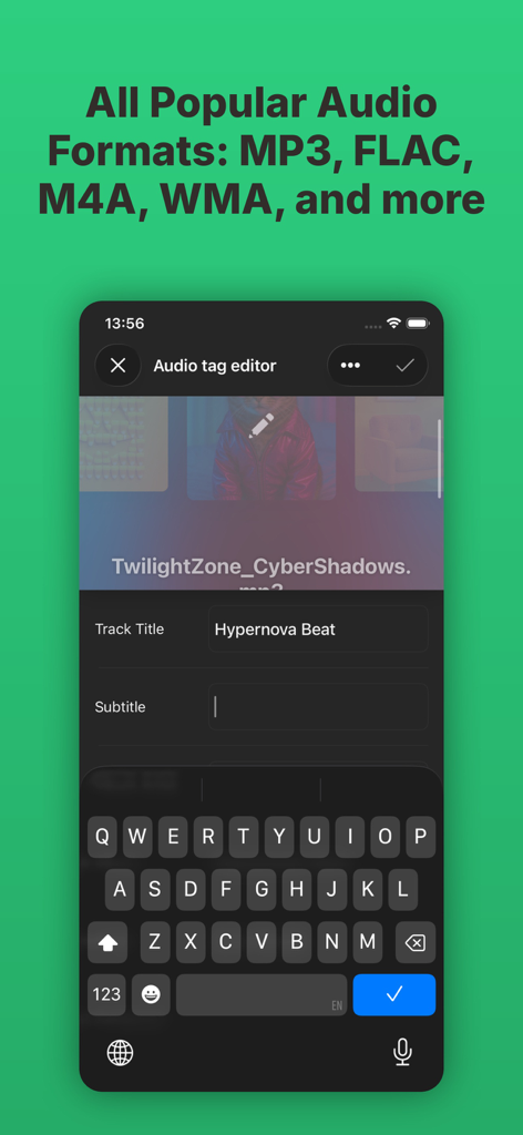 Evertag: Music Tag Editor - Evertag app screen showing audio tag editing for a track title with popular formats listed