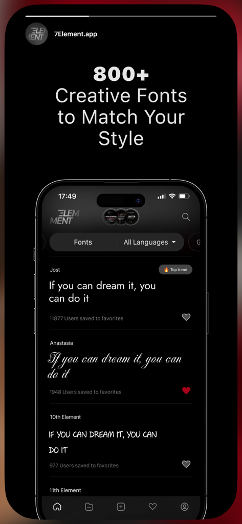 7Element: Fonts, Stickers, Sub - Smartphone screen showing various creative font styles available in the 7Element app