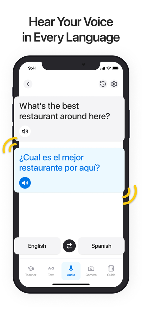 Translate AI: Voice Translator - An iPhone screenshot of the Translate AI app showing a voice translation from English to Spanish with the text Hear Your Voice in Every Language.