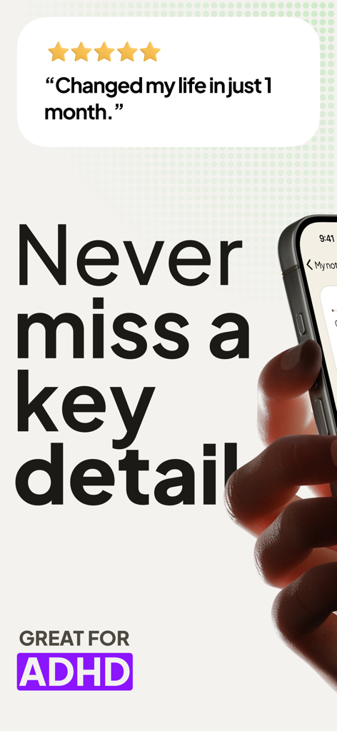 Coconote AI note taker app screenshot featuring a 5 star review and a label stating it is great for ADHD.