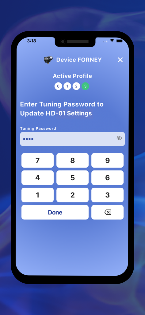 Forney PRO - Password entry screen to update Forney HD-01 flame detector settings