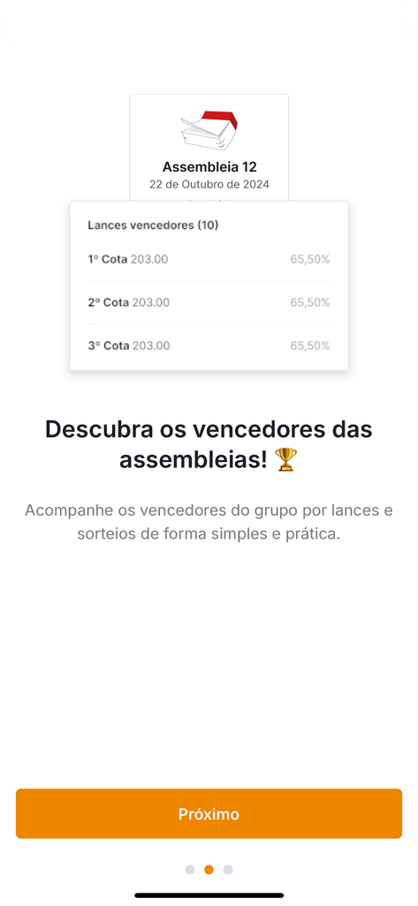 Consórcio Cresol App-Bildschirm mit der Liste der erfolgreichen Gebote einer Finanzversammlung.