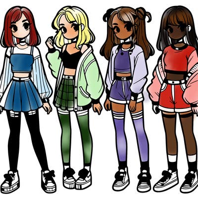 one girl with crop-top shirt and a jacket with a skirt, long socks and another girl with a shirt and pants with a jacket