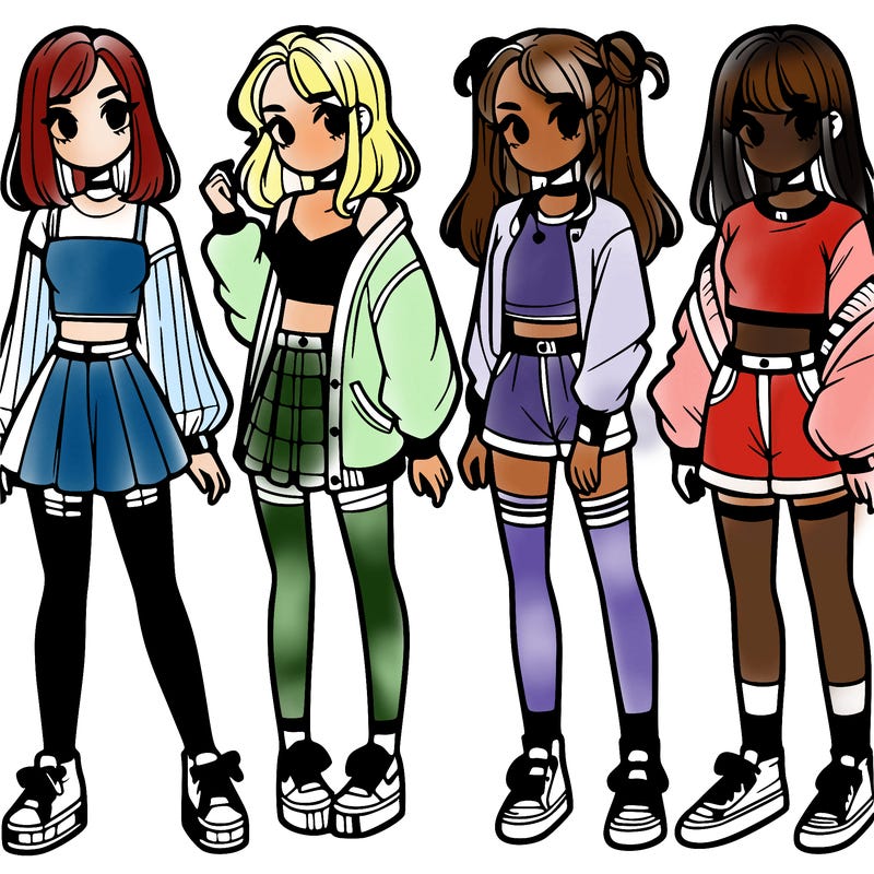 one girl with crop-top shirt and a jacket with a skirt, long socks and another girl with a shirt and pants with a jacket