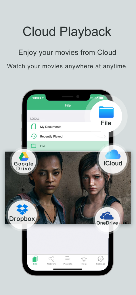 OPlayer interface showing video playback integrated with Google Drive Dropbox iCloud and OneDrive