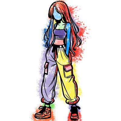 girl in baggy pants crop top and long hair