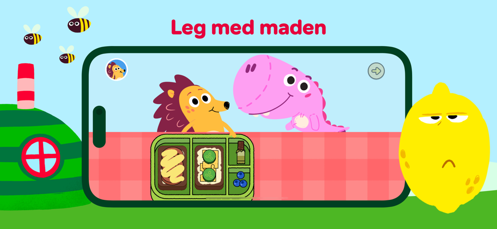 DR Minisjang app screenshot showing characters Borste the hedgehog and a pink dinosaur preparing a lunchbox