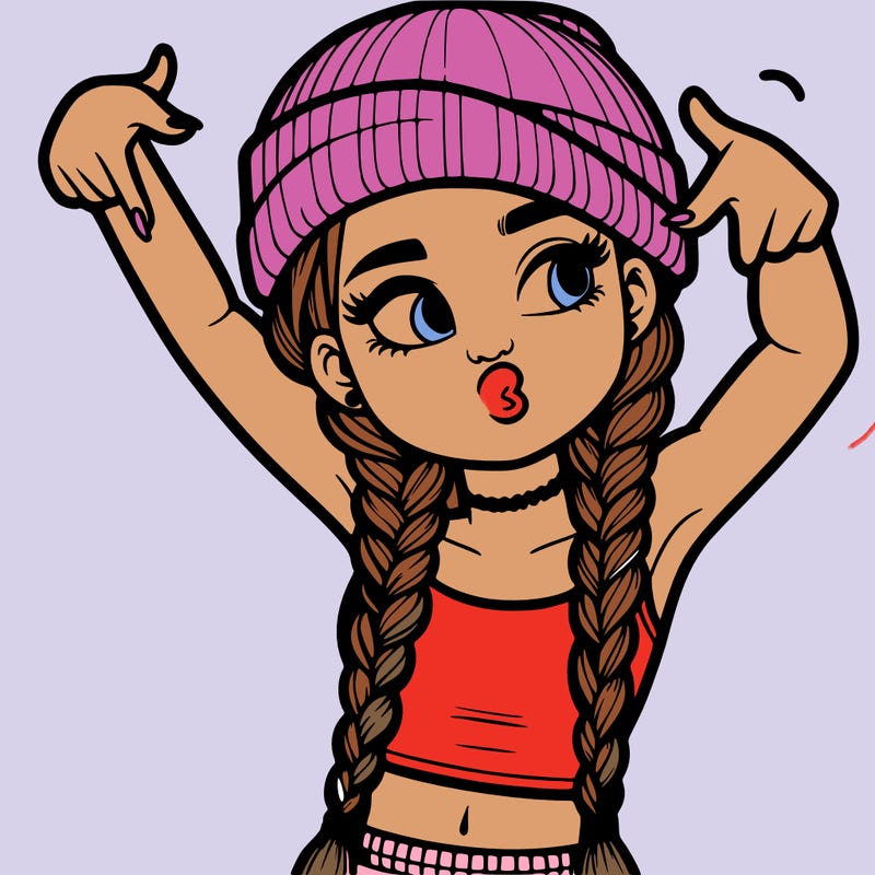 realistic teenage girl with braids and a beanie and crop top doing 🫶🏼