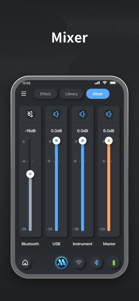 MOOER iAMP - Mixer interface of the MOOER iAMP app showing volume sliders for Bluetooth USB Instrument and Master audio