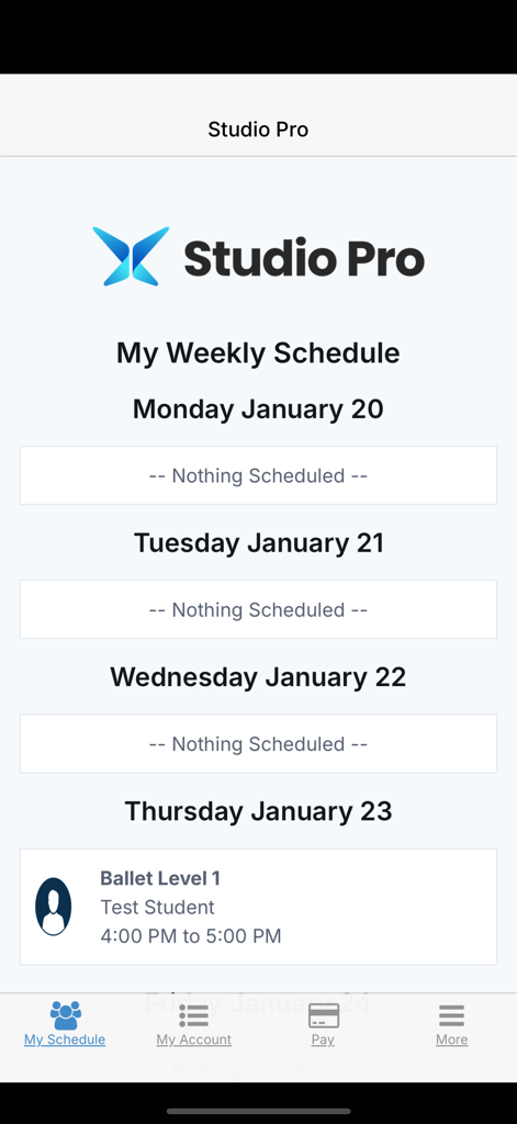 Studio Pro Portal - Horário semanal de aulas no aplicativo Studio Pro Portal mostrando uma aula de balé
