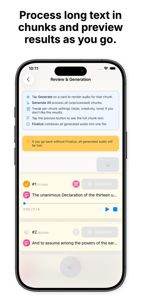 Chinny: Offline Voice Cloner - Interface of Chinny app showing how long text is processed in chunks for offline AI voice generation.