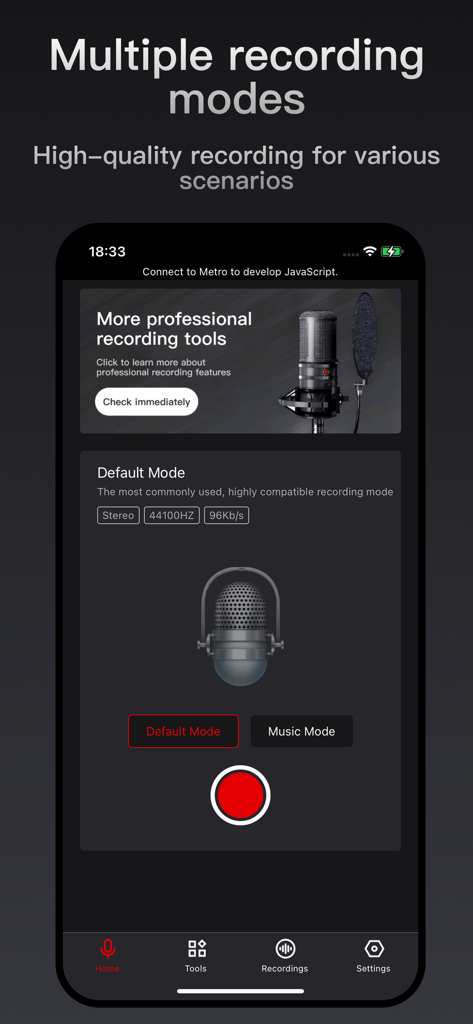 录音专家 - 您的随身录音笔 - Interface do aplicativo Recording Expert mostrando configurações de gravação e opções para modos Padrão e Música.